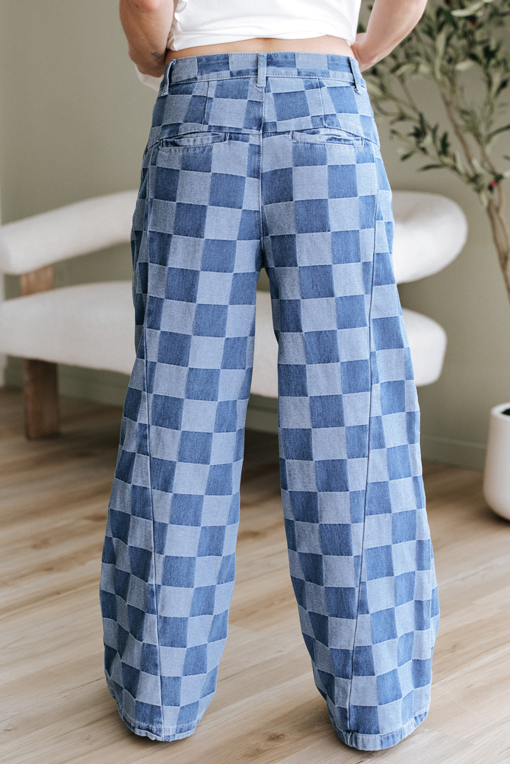 Checkered Denim Wide Leg Jeans