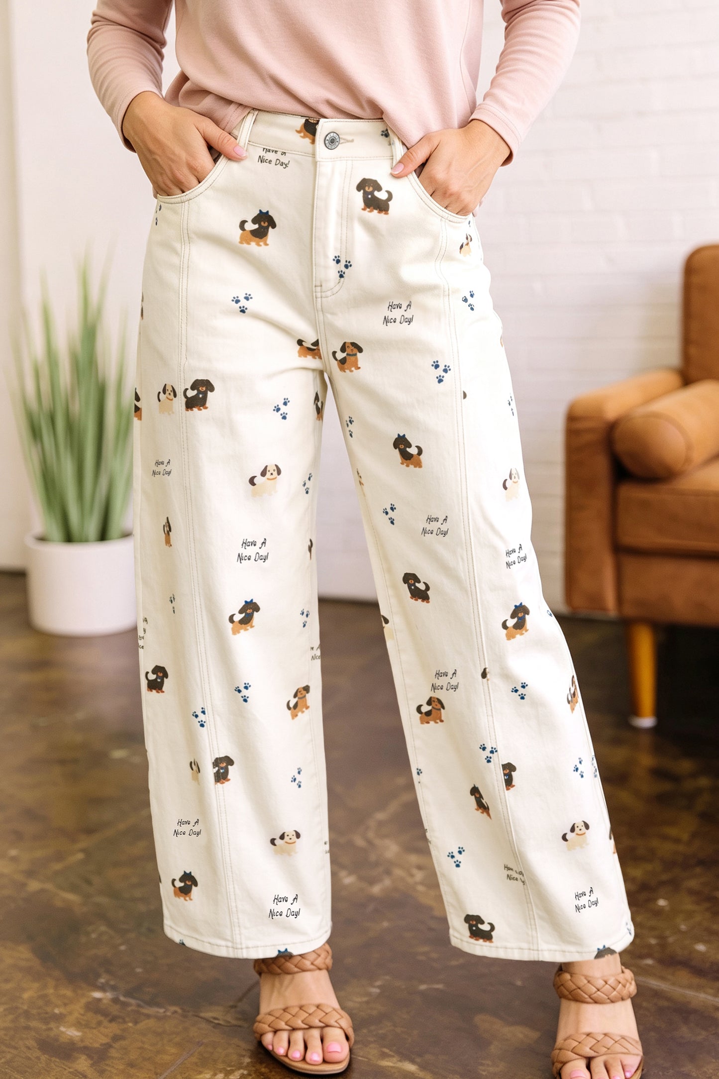 Dog Print Wide Leg Jeans