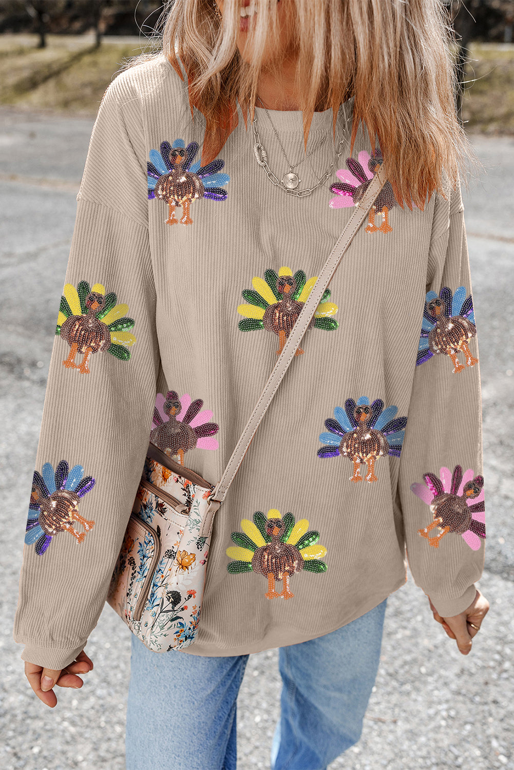 Apricot Turkey Graphic Corded Baggy Sweatshirt