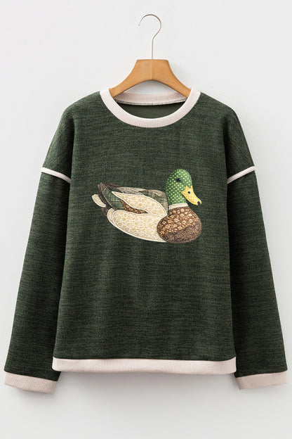 Four Leaf Clover Mallard Duck Graphic Contrast Trim Patchwork Casual Knit Top