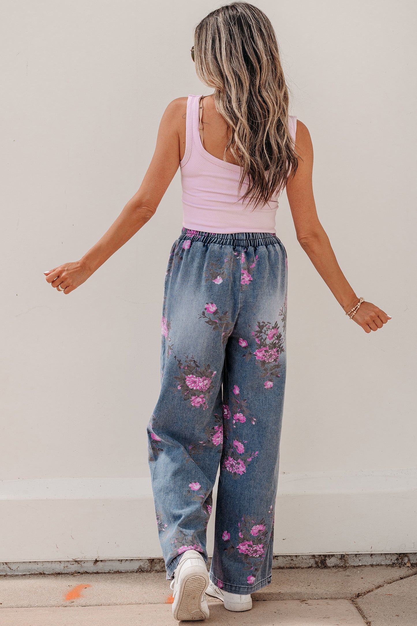 Floral Print Elastic Waist Jeans