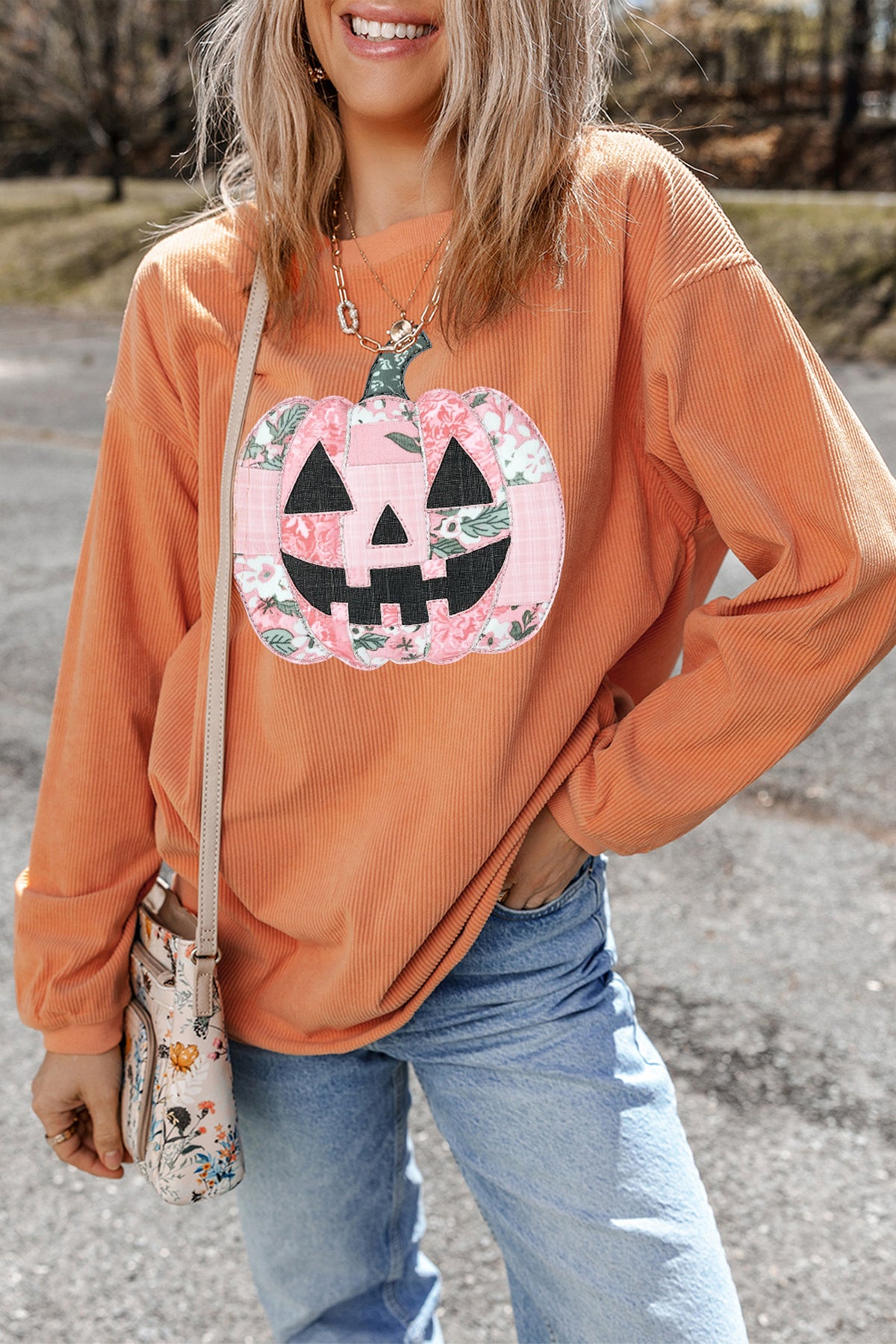 Patchwork Pumpkin Corded Ribbed Round Neck Tunic Sweatshirt