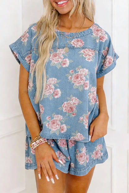 Floral Denim 2pcs Shorts Set