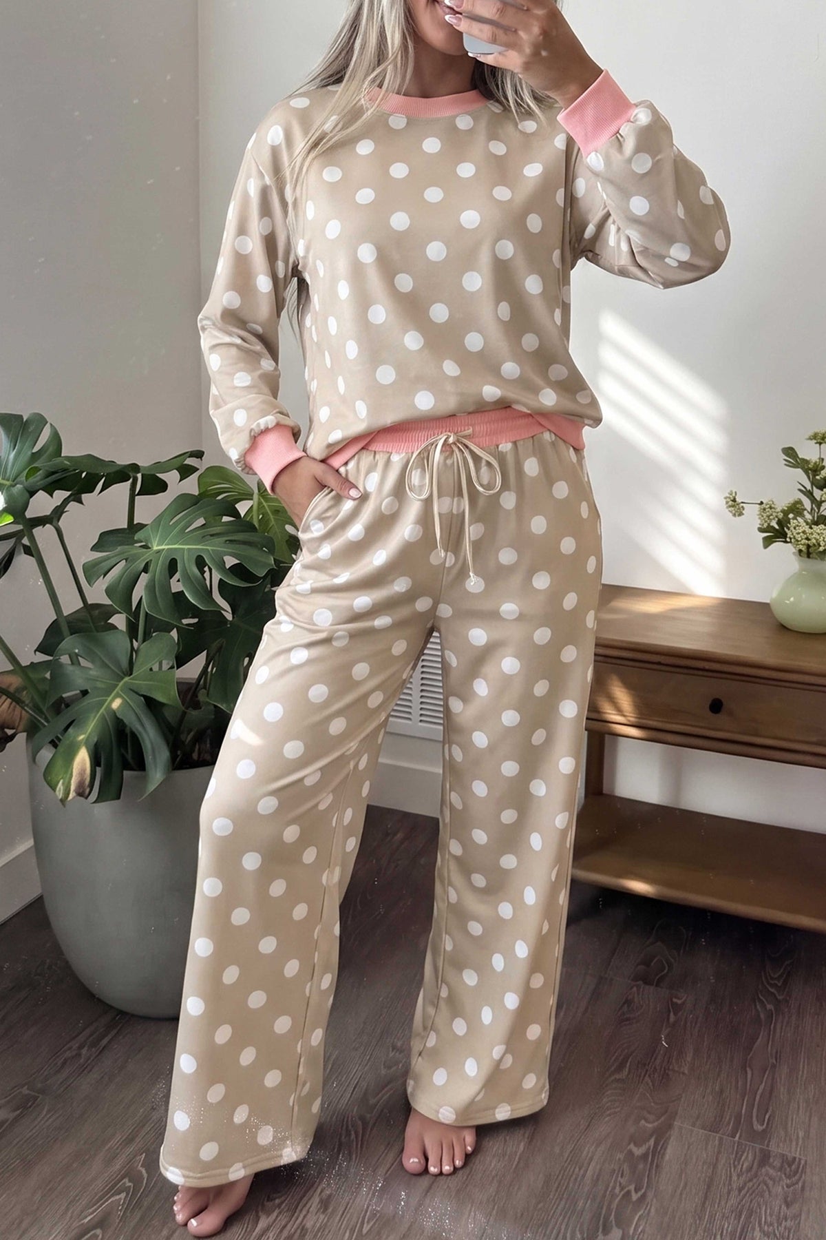 Polka Dot Long Sleeve Top Drawstring Pants Set
