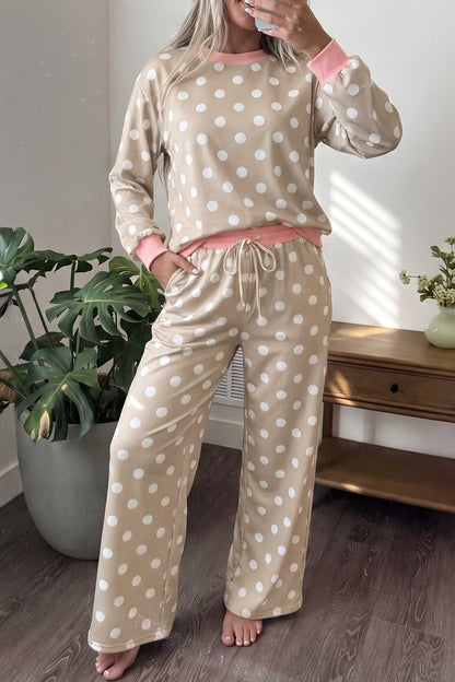 Polka Dot Long Sleeve Top Drawstring Pants Set