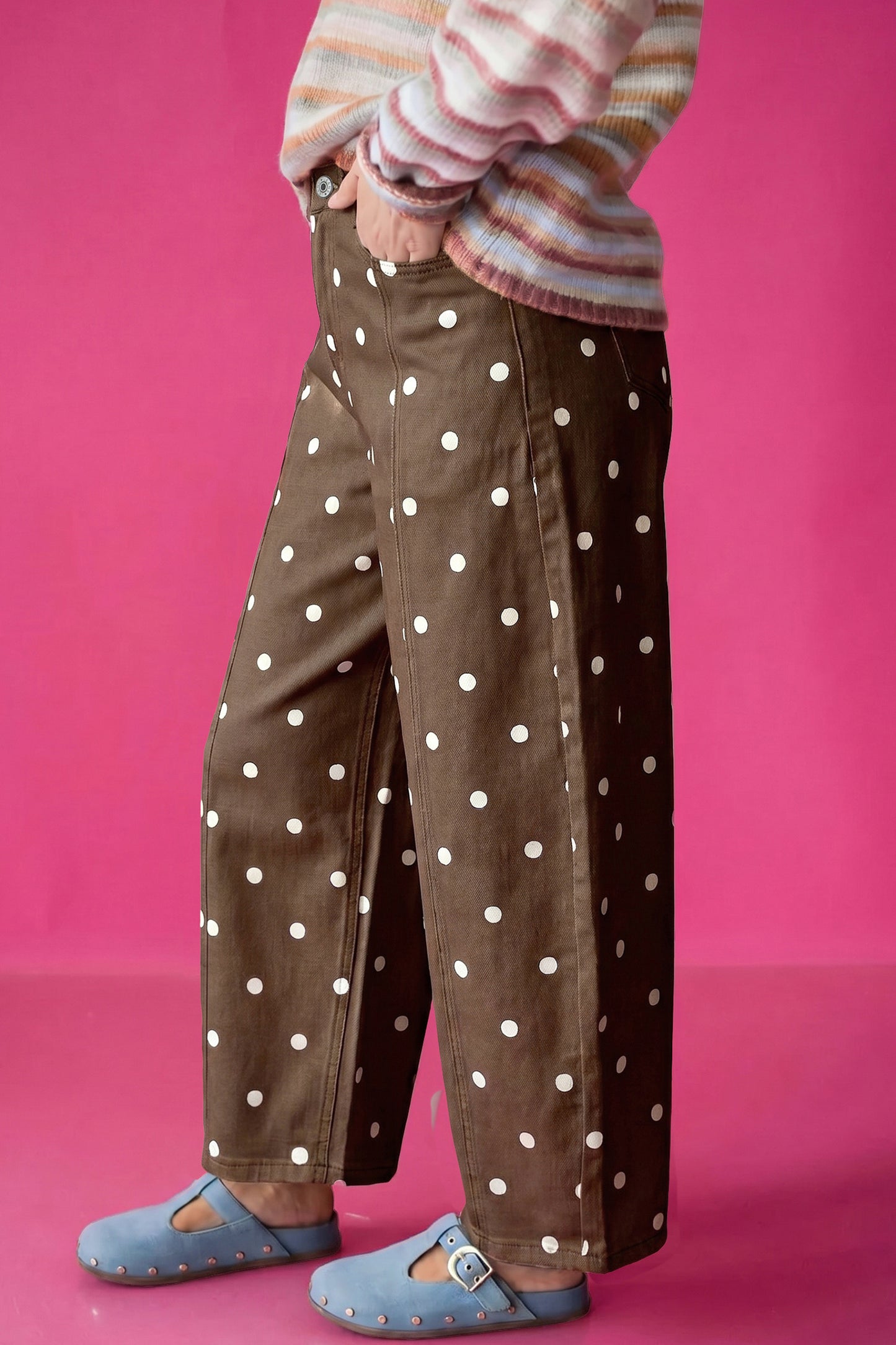 Pink Tailored Seam Polka Dot Print Barrel Casual Jeans