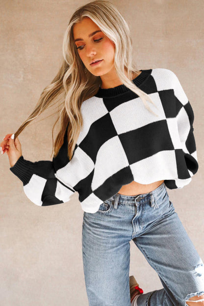 Pink Checkered Bishop Sleeve Sweater