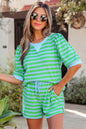 Green Stripe Puff Sleeve Matching Shorts Set