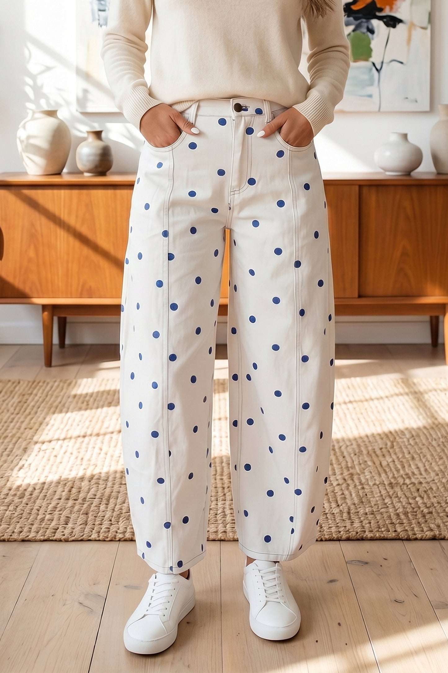 Pink Tailored Seam Polka Dot Print Barrel Casual Jeans