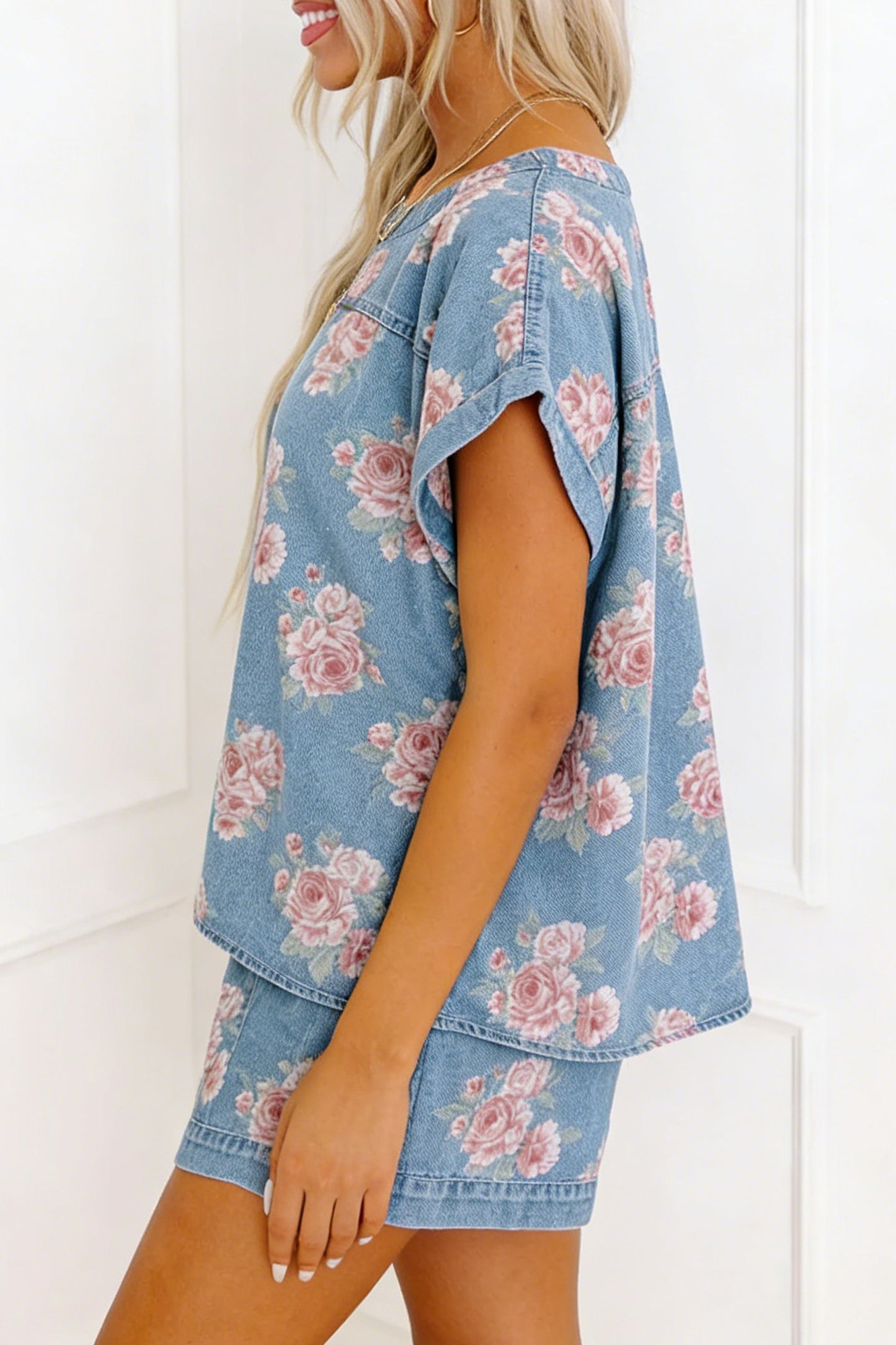 Floral Denim 2pcs Shorts Set