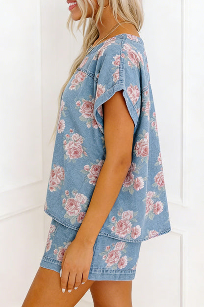 Floral Denim 2pcs Shorts Set