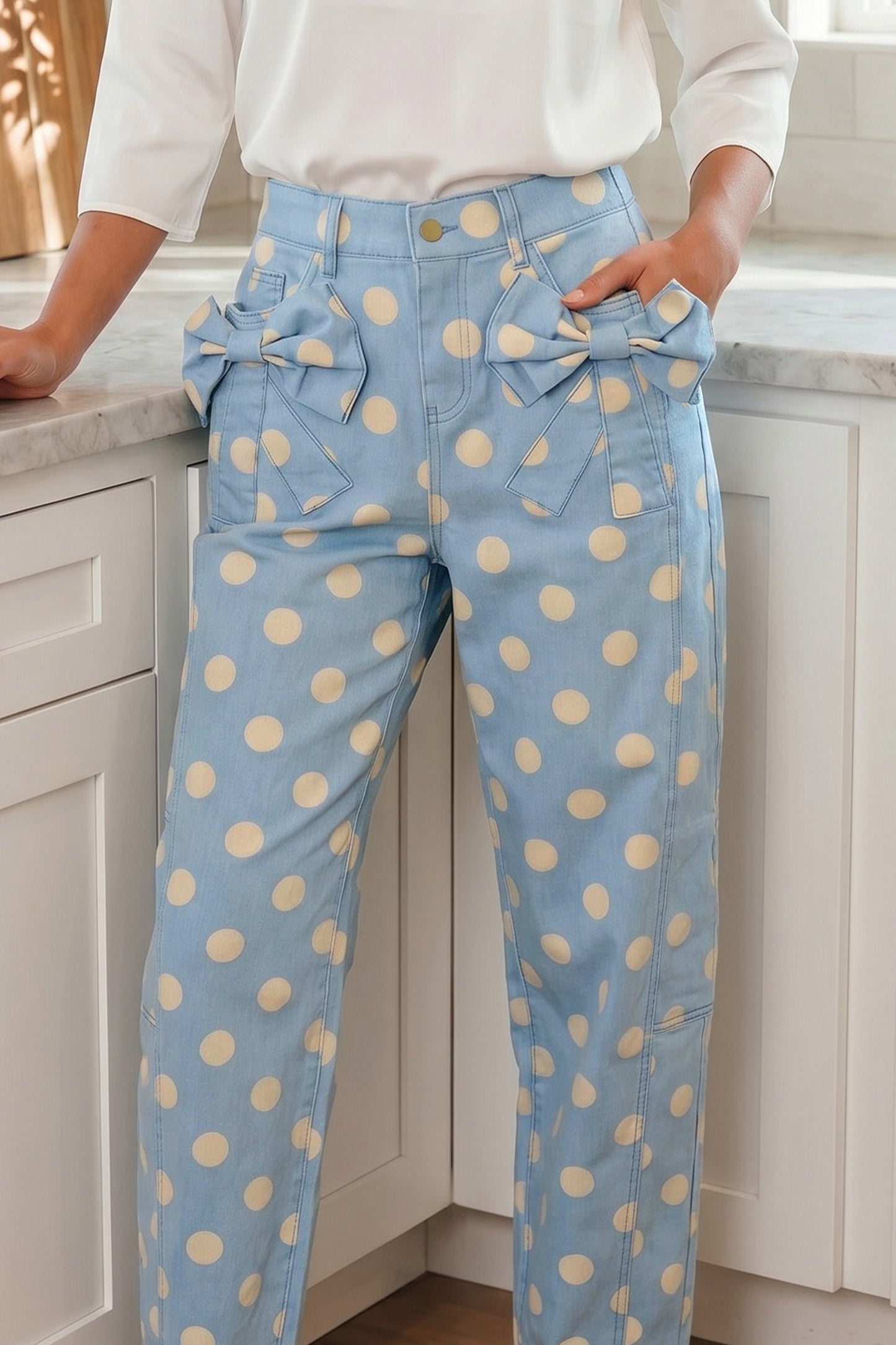 Polka Dot Bow Pocket Barrel Jeans
