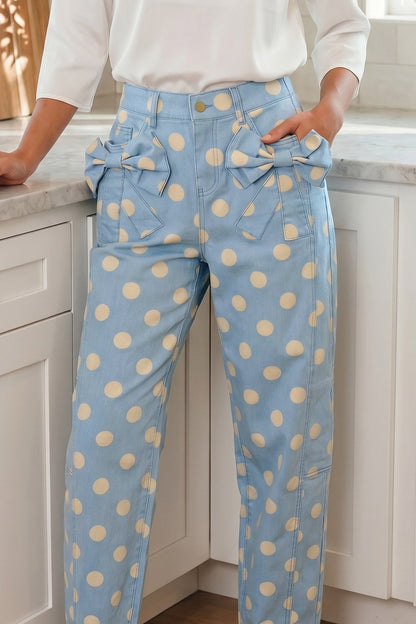 Polka Dot Bow Pocket Barrel Jeans