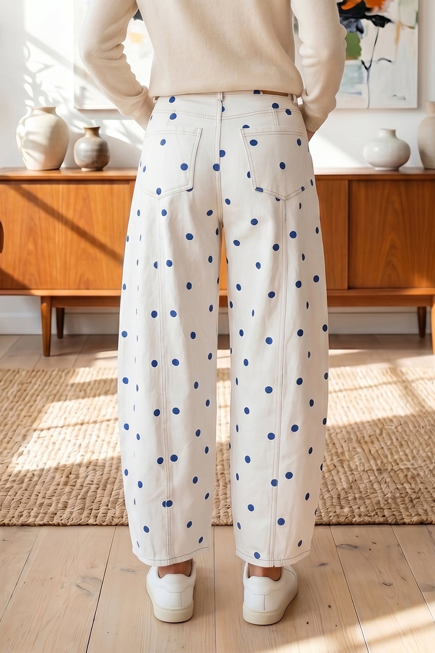 Pink Tailored Seam Polka Dot Print Barrel Casual Jeans