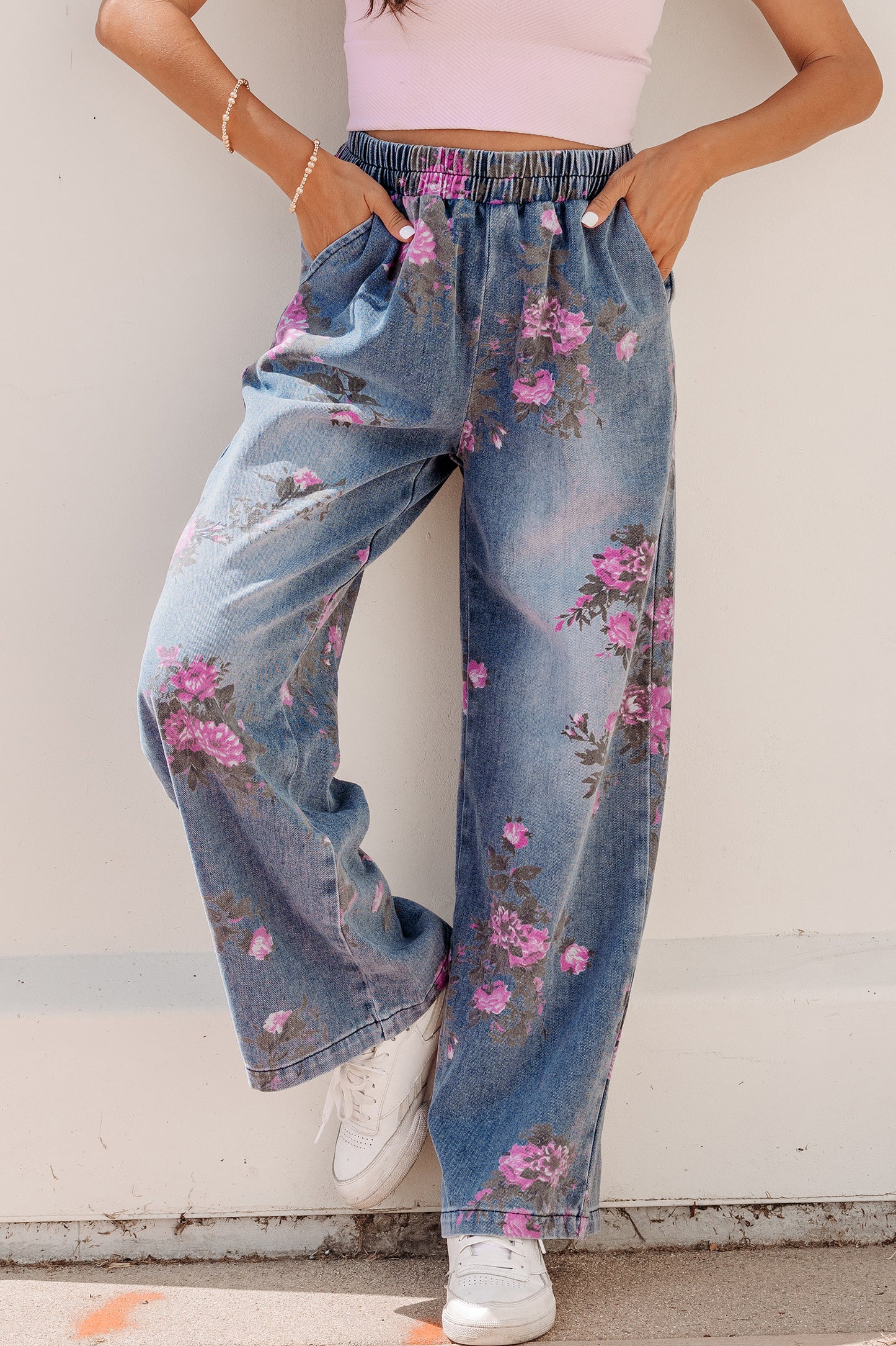 Floral Print Elastic Waist Jeans
