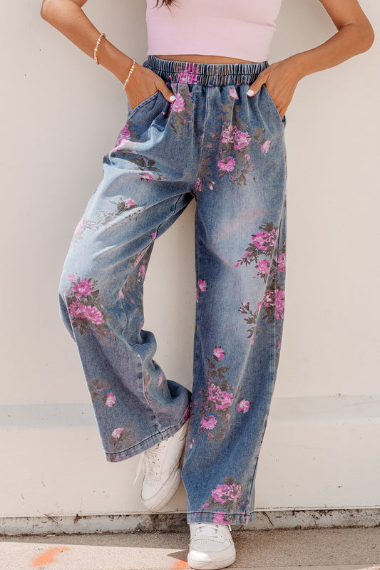 Floral Print Elastic Waist Jeans