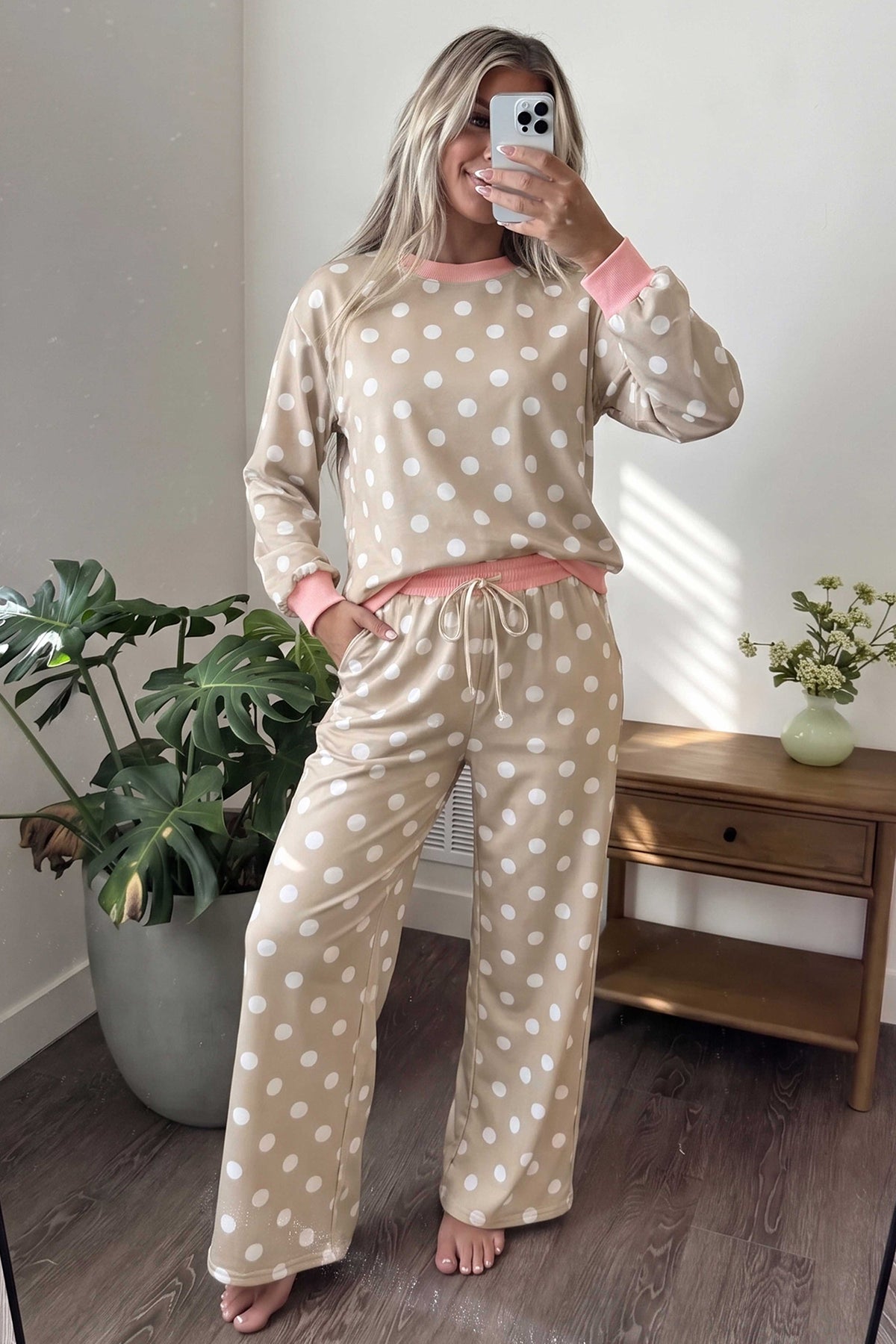 Polka Dot Long Sleeve Top Drawstring Pants Set