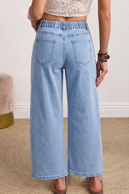Beau Blue Solid Color Square Patch Pocket Ankle-length Barrel Jeans