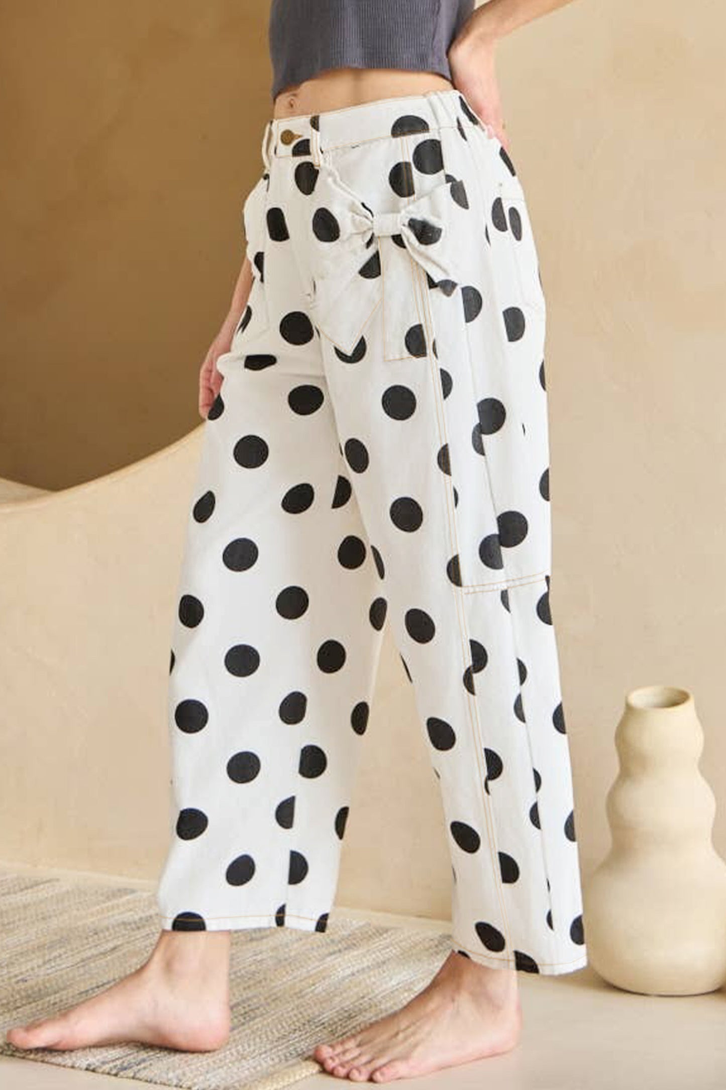 Polka Dot Bow Pocket Barrel Jeans