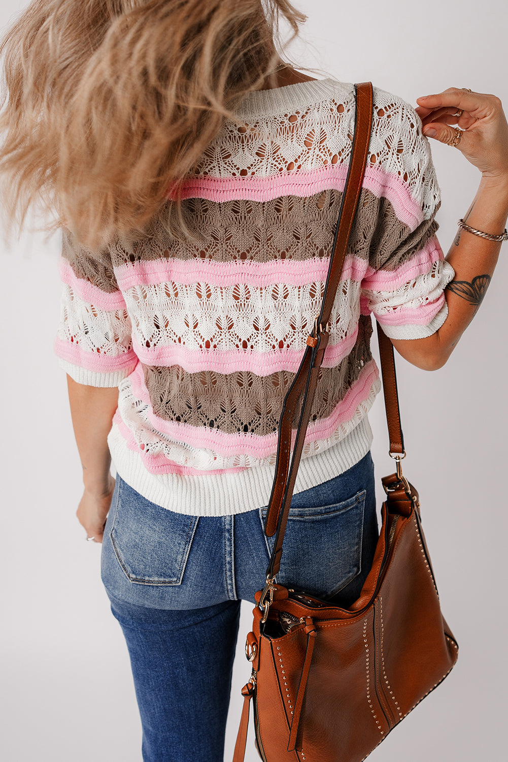 Color Block Crochet Half Sleeve Sweater