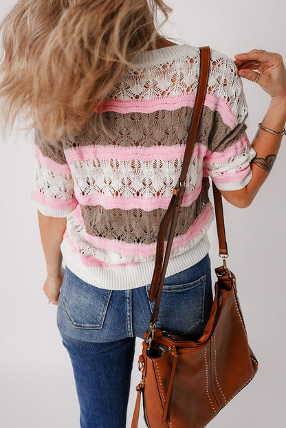 Color Block Crochet Half Sleeve Sweater