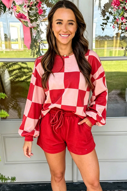 Checkered Long Sleeve Top/Shorts 2pcs Set