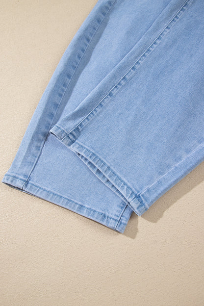 Beau Blue Solid Color Square Patch Pocket Ankle-length Barrel Jeans