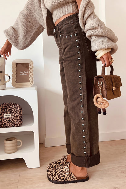 Black Studded Detail Straight Leg Casual Loose Jeans