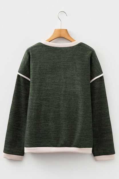 Four Leaf Clover Mallard Duck Graphic Contrast Trim Patchwork Casual Knit Top