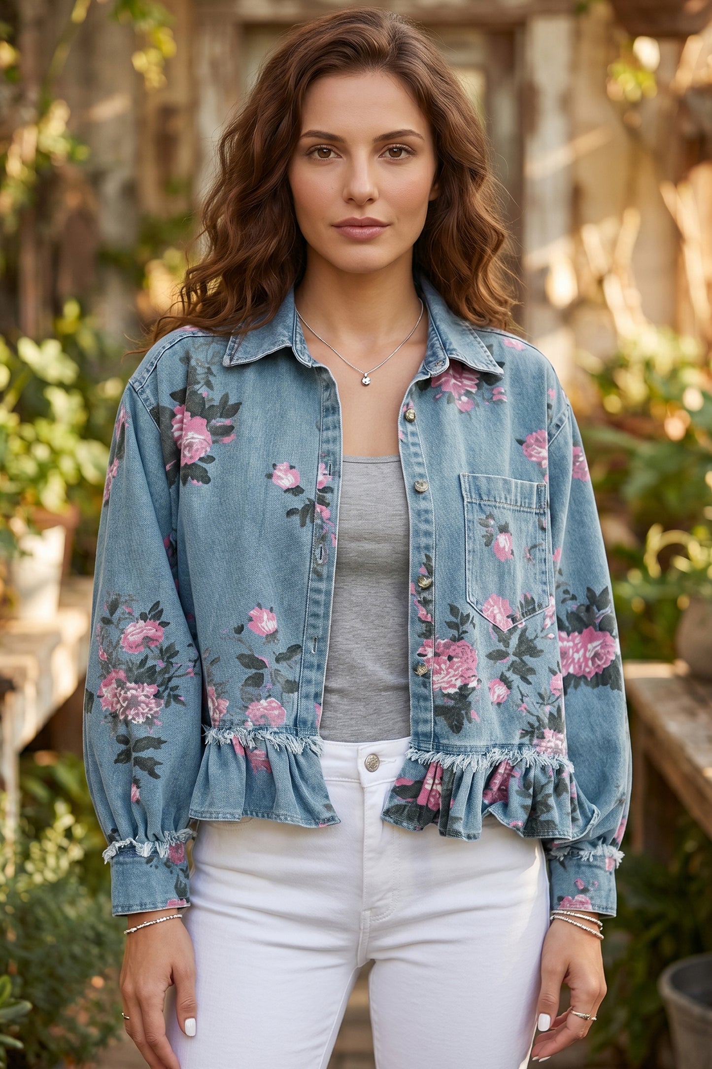 Sky Blue Floral Print Raw Seam Ruffle Hem Denim Jacket