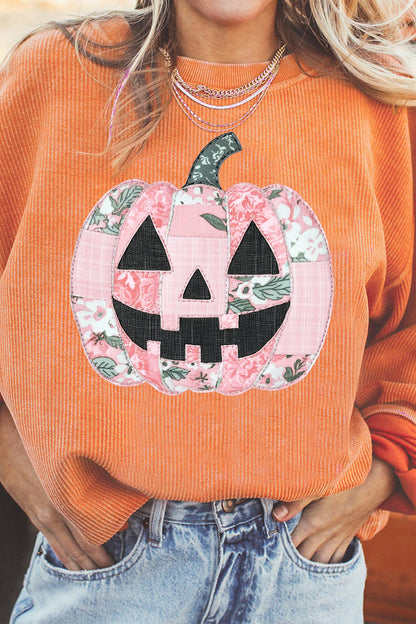 Patchwork Pumpkin Corded Ribbed Round Neck Tunic Sweatshirt