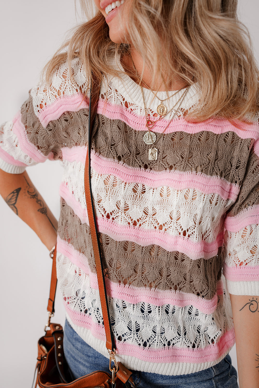 Color Block Crochet Half Sleeve Sweater