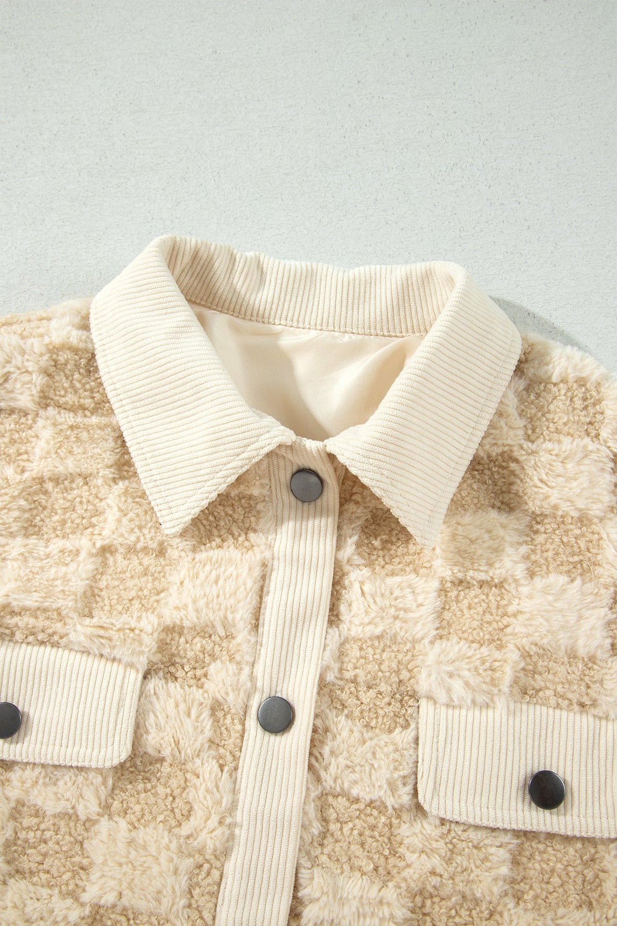 Khaki Plush Checkered Corduroy Trim Metal Button Long Sleeve Shift Silhouette Shacket