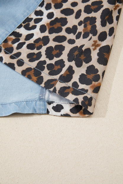 Myosotis Denim Color Block Leopard Patchwork Shirt Collar T Shirt Mini Dress