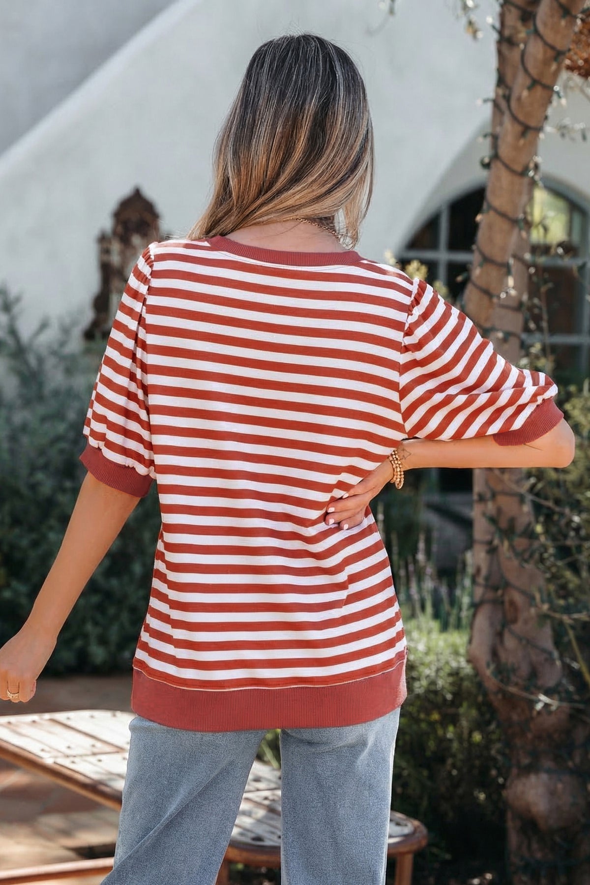Stripe Bubble Sleeve T Shirt