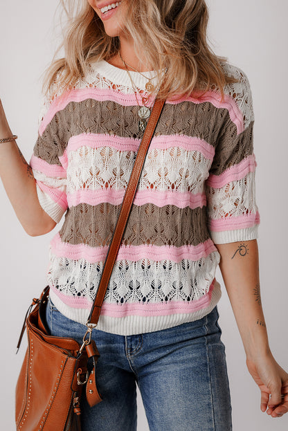 Color Block Crochet Half Sleeve Sweater