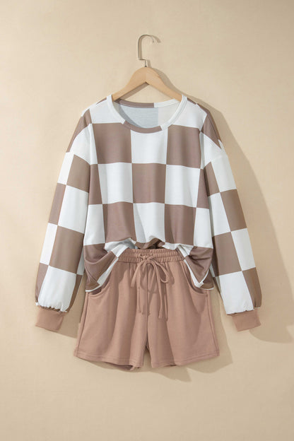 Checkered Long Sleeve Top/Shorts 2pcs Set