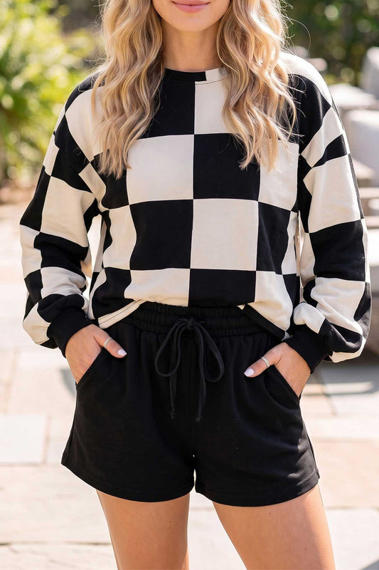 Checkered Long Sleeve Top/Shorts 2pcs Set