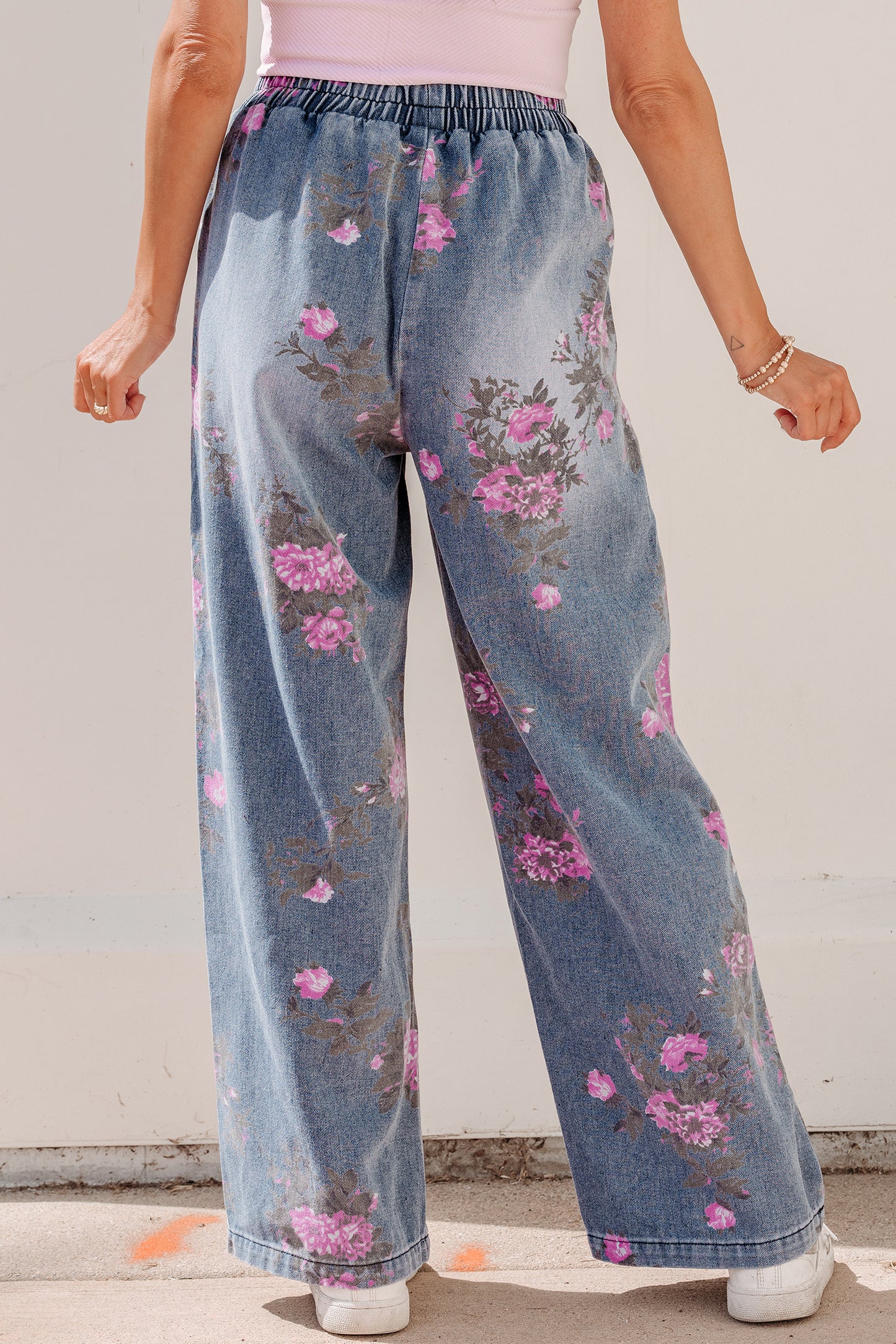 Floral Print Elastic Waist Jeans
