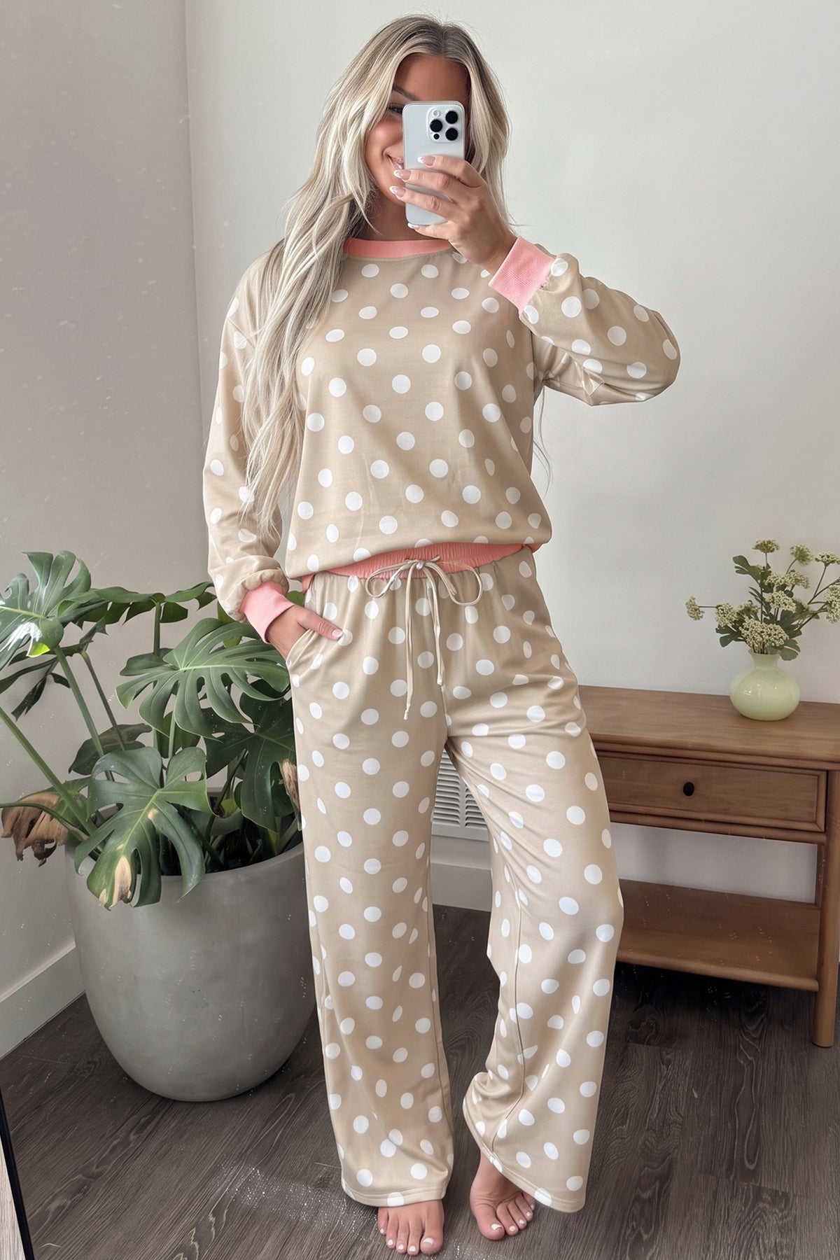 Polka Dot Long Sleeve Top Drawstring Pants Set