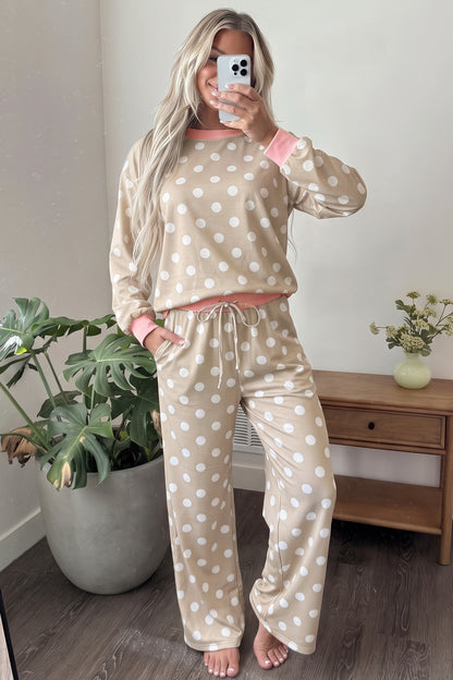 Polka Dot Long Sleeve Top Drawstring Pants Set