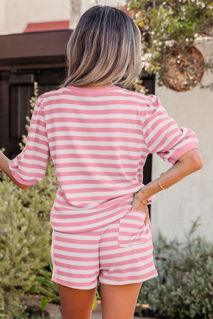 Green Stripe Puff Sleeve Matching Shorts Set