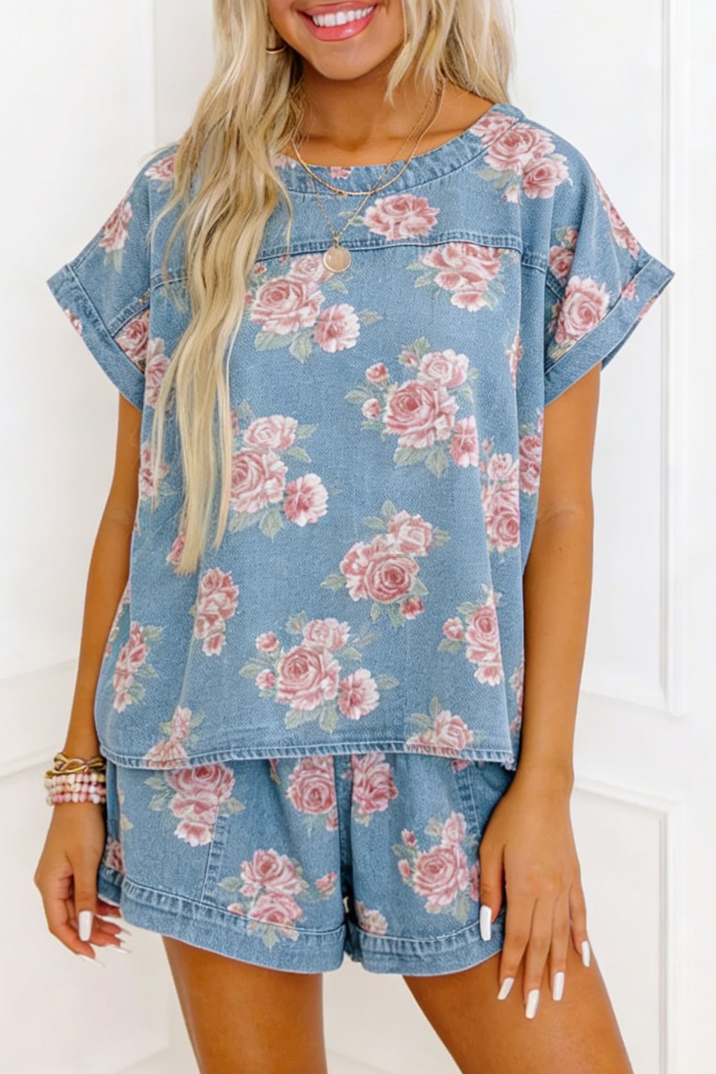 Floral Denim 2pcs Shorts Set
