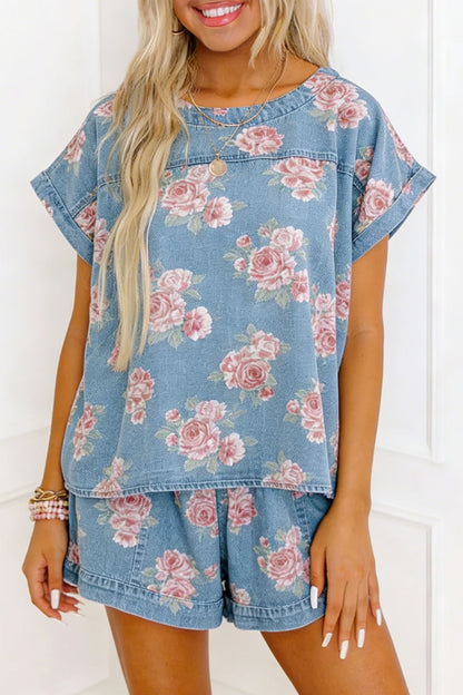 Floral Denim 2pcs Shorts Set