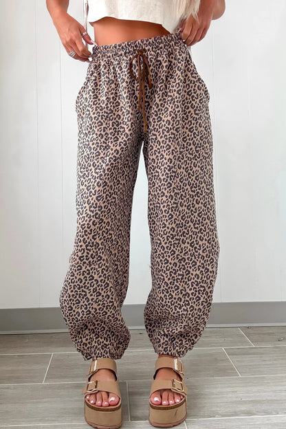 Khaki Leopard Print Elastic Waist Ankle Length Pants