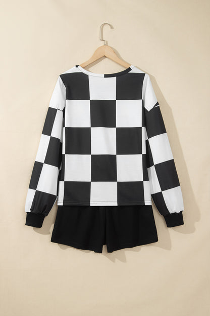 Checkered Long Sleeve Top/Shorts 2pcs Set
