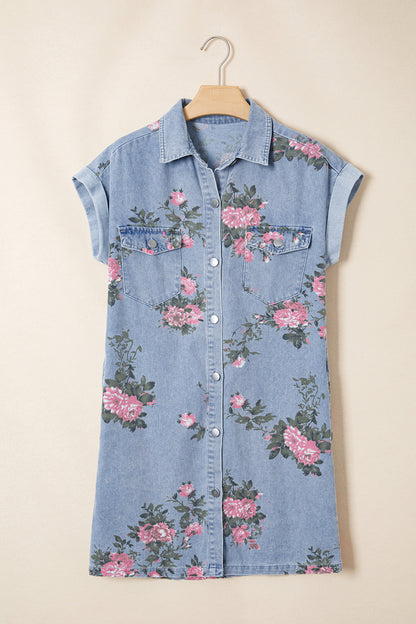 Sky Blue Denim Floral Print Cuffed Short Sleeve Button Down Shift Dress