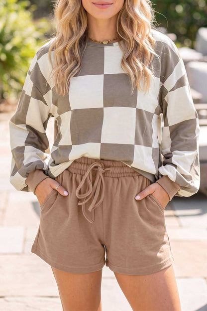 Checkered Long Sleeve Top/Shorts 2pcs Set