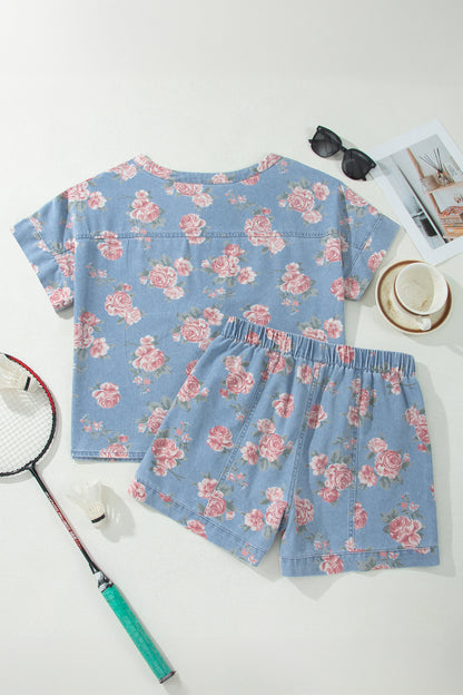 Floral Denim 2pcs Shorts Set