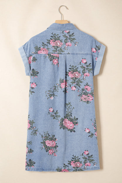 Sky Blue Denim Floral Print Cuffed Short Sleeve Button Down Shift Dress